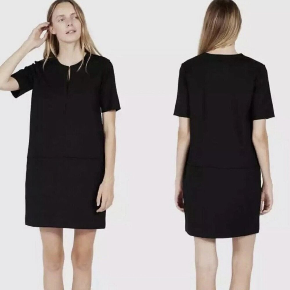 Everlane The Ponte Short-Sleeve Dress large knit split neck thick fabric black